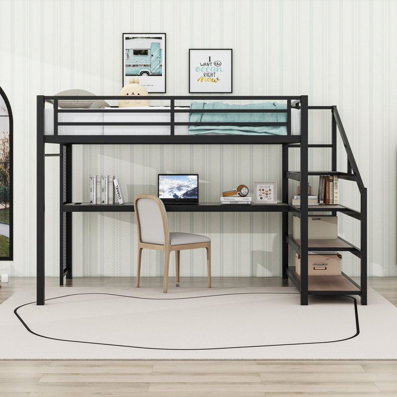 Grand lit mezzanine avec bureau, lumières DEL intégrées, ports USB et escalier de rangement, Grand lit, Noir