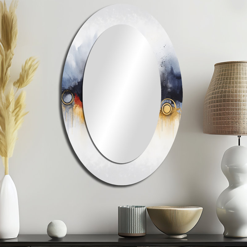 Abstract Blue And Yellow Marble Waterfall II - Large Oval Wall Mirror On Metal, 36" x 24"