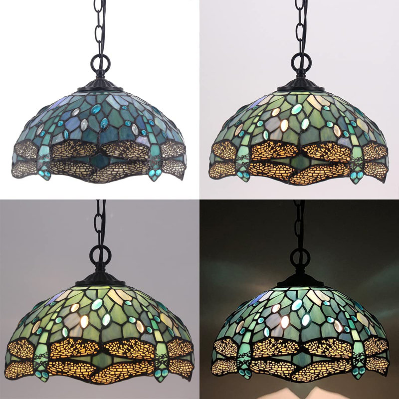 Sea Blue Stained Glass Dragonfly Pendant Lamp with LED Bulb