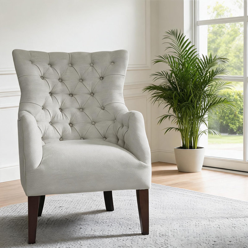 Sièges d'appoint de salon: fauteuil à oreilles capitonné à boutons en bois massif beige pour usage résidentiel, Blanc