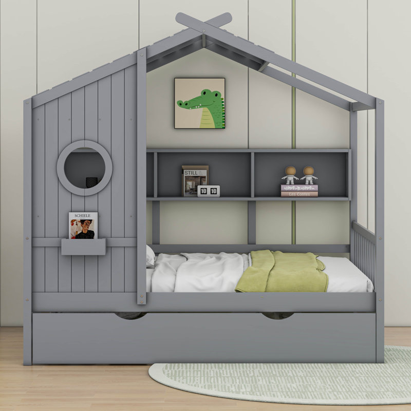 Lit avec lit gigogne et rangement Anallely, Gris, Double