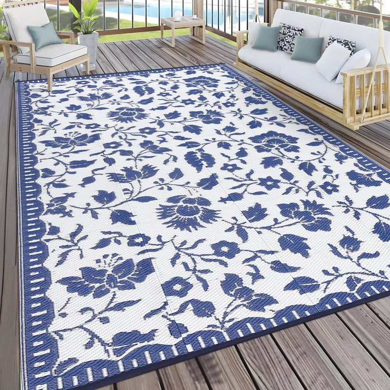 Waterproof Reversible Outdoor Rug – UV Resistant Plastic Straw Carpet – Lightweight & Collapsible for Patio, Deck, RV, Camping or Backyard – Floral Print