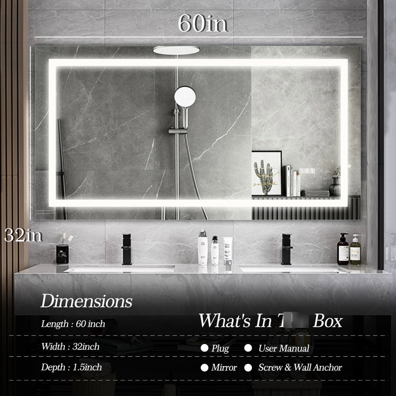 Miroir de salle de bain 60 po x 32 po à brouillard moderne avec capteur tactile, conception incassable et résistance à la corrosion