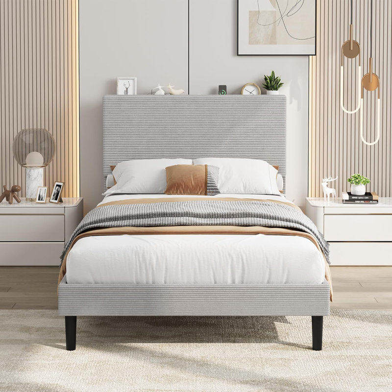 Upholstered Platform Bed Frame with USB Charging Station, Adjustable Storage Headboard, Wooden Slats Support, No Box Spring Needed