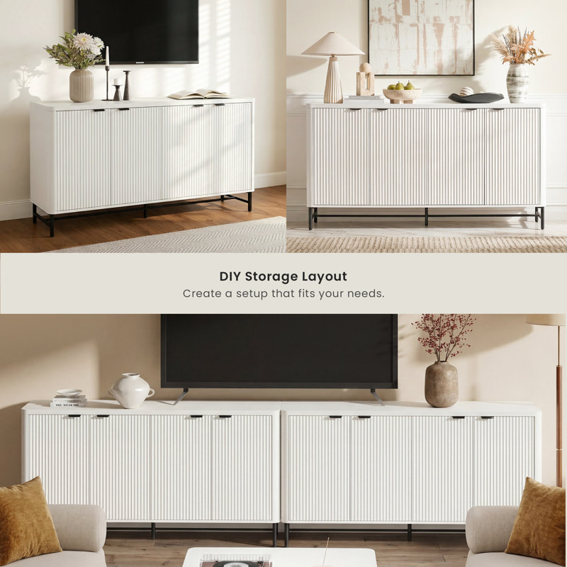 Fluted Sideboard Buffet Cabinet with Adjustable Shelves, White