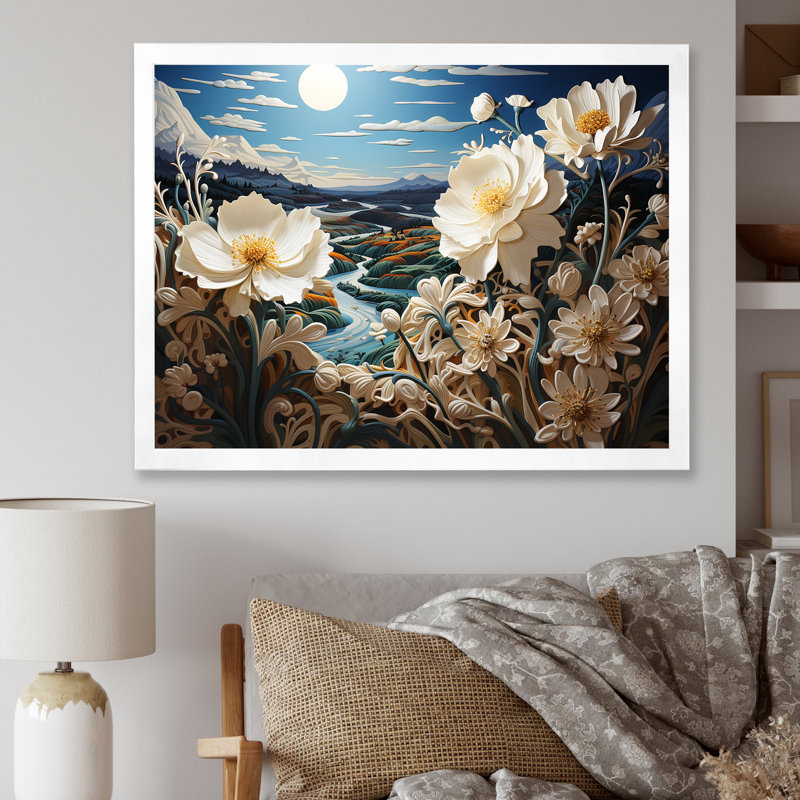 «White Crimson Bloom Garden Serenade», reproduction sur toile, Cadre simple blanc, H 30 po x l 40 po x P 0,5 po