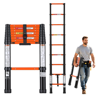 Échelle télescopique, échelle extensible de 2,6 m (8,5 pi), rétraction par simple pression d'un bouton, robuste, capacité de charge de 150 kg (330 lb), idéale pour les réparations domiciliaires, la peinture, le nettoyage des vitres et les véhicules récréatifs, en aluminium, marches antidérapantes, orange et noir.
