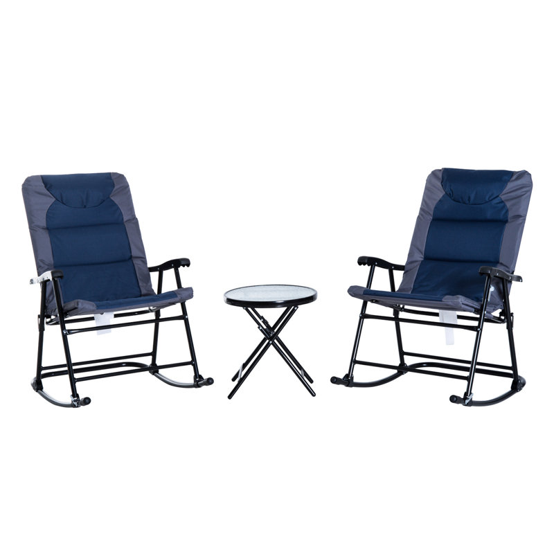 Mobilier de patio extérieur bleu marine avec 2 chaises berçantes et une table, pour le porche, le camping et le balcon