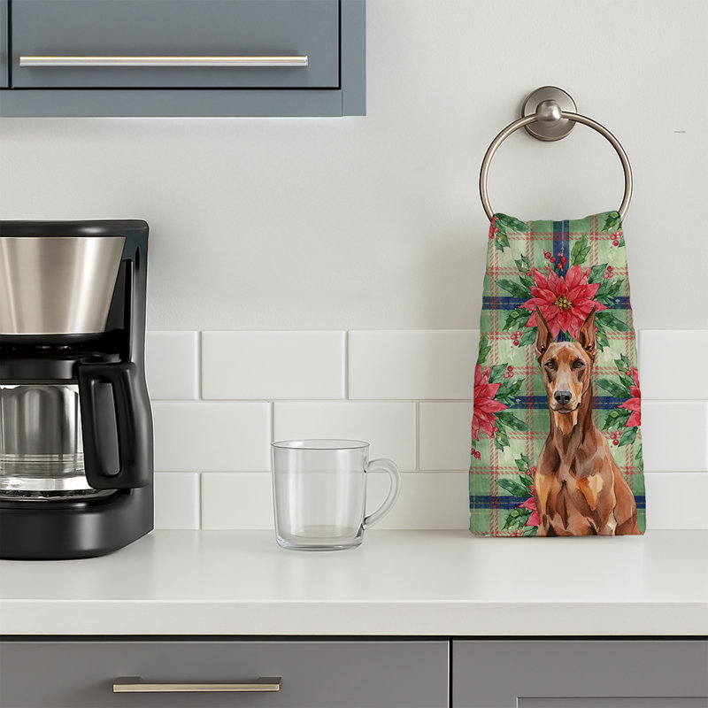 Red Doberman Pinscher Christmas PoinsettIas Kitchen Towel, Red Doberman Pinscher