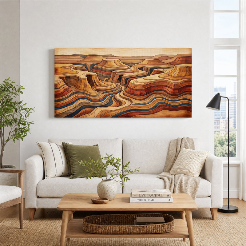 Tableau sur toile représentant un paysage de canyon stratifié aux tons terreux, L 46 po x H 24 po