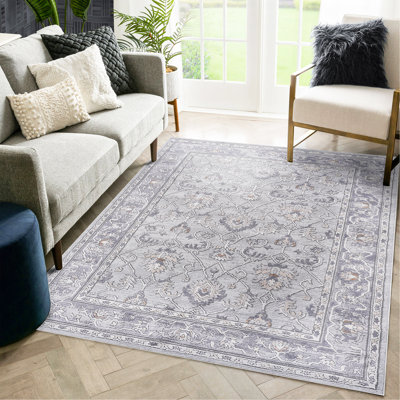 Tapis ivoire / gris / oriental non délesté pour le salon, la salle à manger, le bureau à domicile et le tapis résistant aux taches
