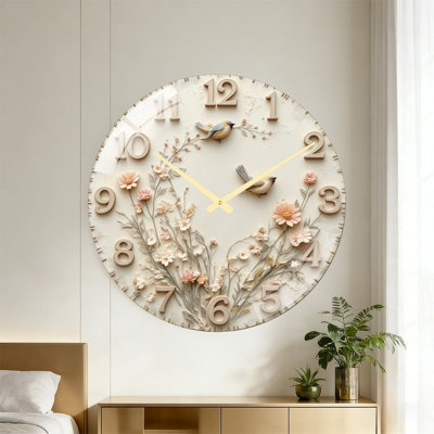 Horloge murale moderne en verre de 61 cm (24 pouces) avec motif floral et oiseau