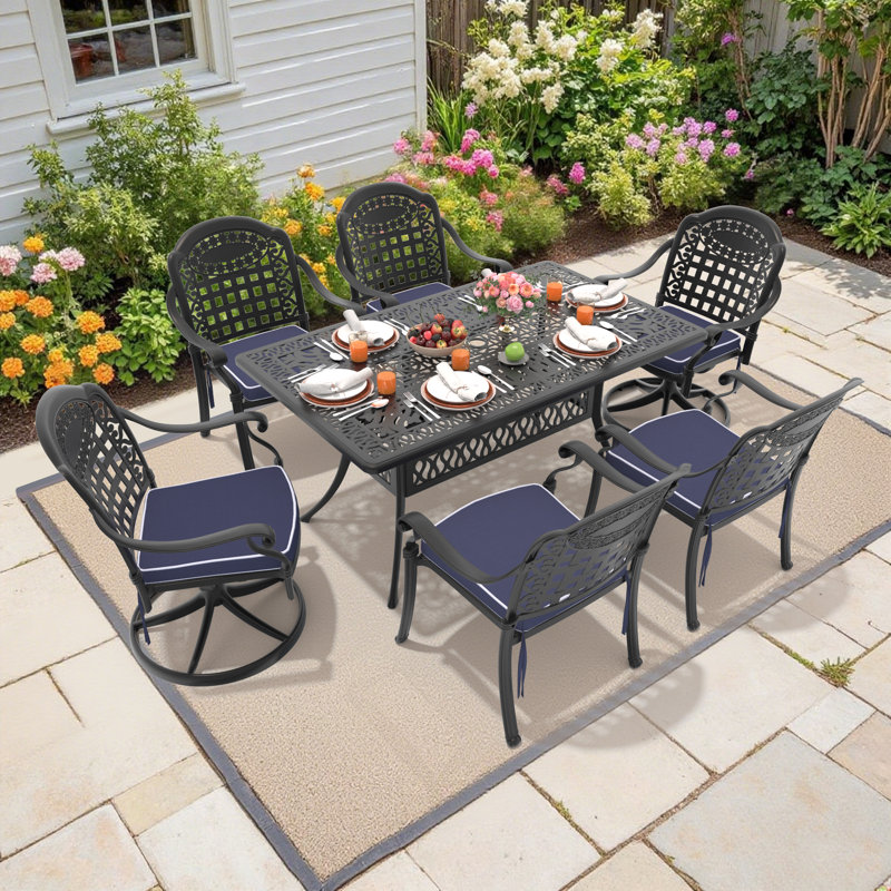 Ensemble repas pour 6 personnes rectangulaire en fonte d'aluminium avec 2 chaises pivotantes, coussins et trou pour parasol