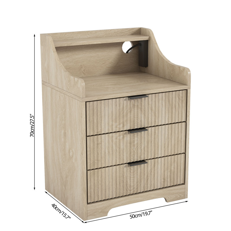Light Brown 3-Drawer Nightstand with Charging Station