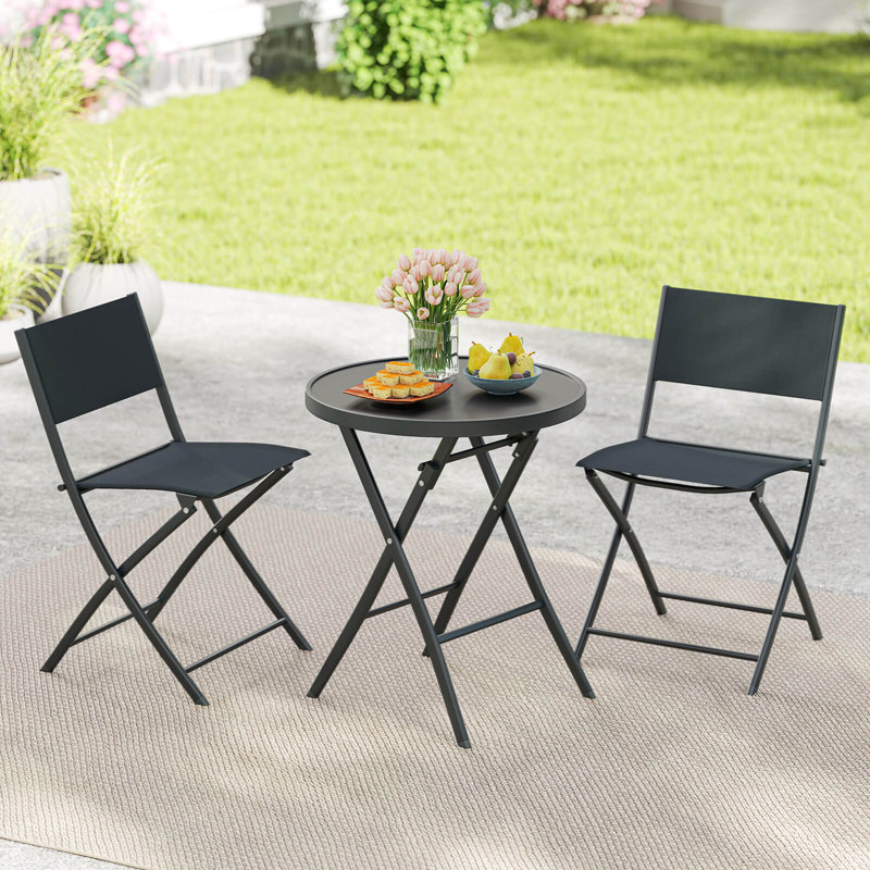 3 PCS Folding Patio Bistro Set with Tempered Glass Coffee Table & 2 Patio Chairs