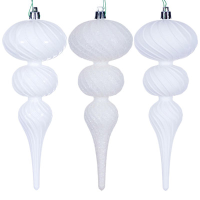 The Holiday Aisle® 8" White Swirl Finial Ornament Assortment. Two matte, two shiny, and two glitter.