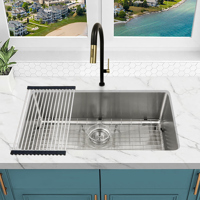 KBFmore Tight Radius 31 inch 18 Gauge Single Bowl Undermount Kitchen Sink with 4 PCs Accessories