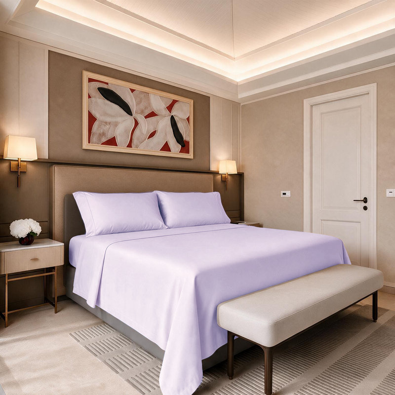 Ensemble de draps 100% coton 500 fils Threadmill, Ensemble de draps pour lit simple avec 1 taie d'or, Uni lilas