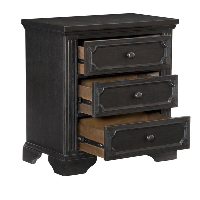 Table de chevet rustique avec finition gris anthracite, 3 tiroirs pour l'organisation