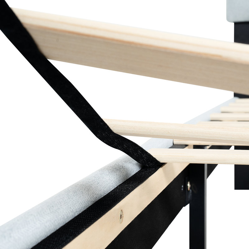 Lit simple contemporain avec tête de lit à boutons en lin, sans sommier tapissier, fabrication en lattes de bois pour la stabilité, facile à assembler, gris, accessoire de chambre à coucher, tissu moderne de 300 lb