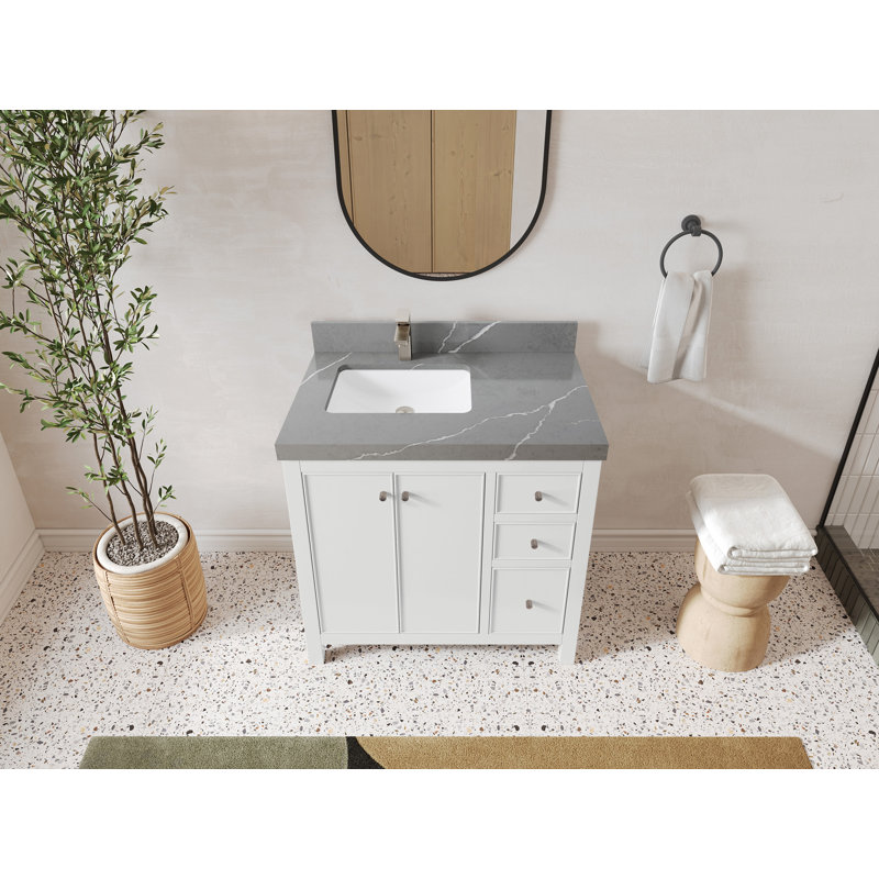 Meuble-lavabo simple 36 po avec comptoir en quartz Chicago, Gris Piatra
