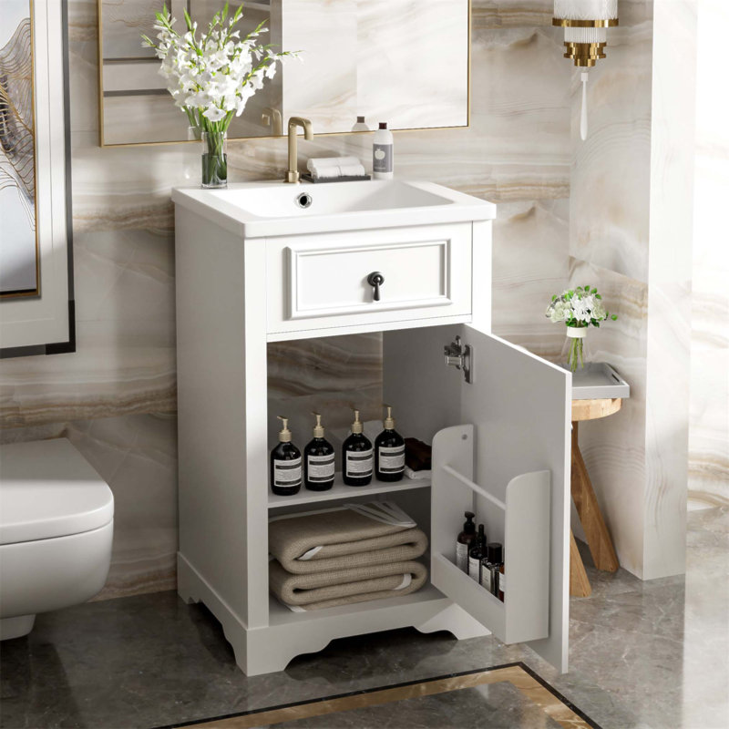 Meuble-lavabo de 20 pouces avec lavabo en céramique, porte à fermeture douce, tablette réglable et support de rangement fixé à la porte - idéal pour les petites salles de bain
