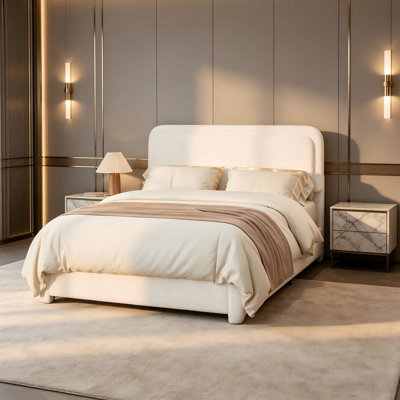 Modern Elegant Boucle Low Profile Full Size Bed Frame, Platform Bed With Adjustable Height Square Headboard, No Box Spring Needed, White Color