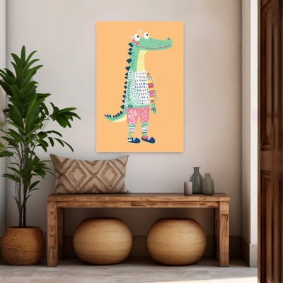 Playful Croc In Outfit Modern Alligator Crocodile Wall Art Print by Mathieu - Wrapped Canvas Print