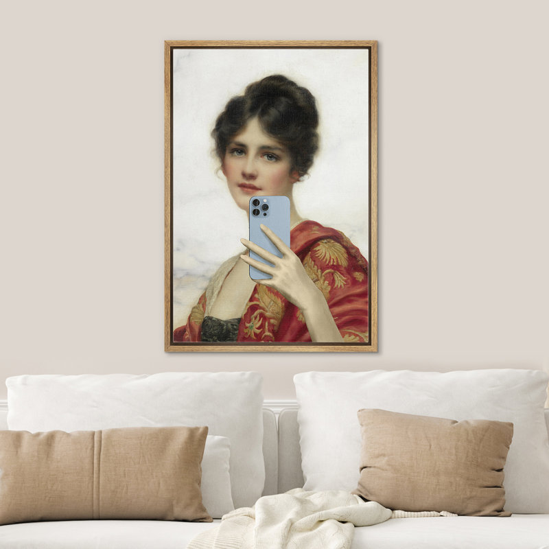 «Portrait de femme avec téléphone», H 24 po x l 16 po, Cadre naturel flottant
