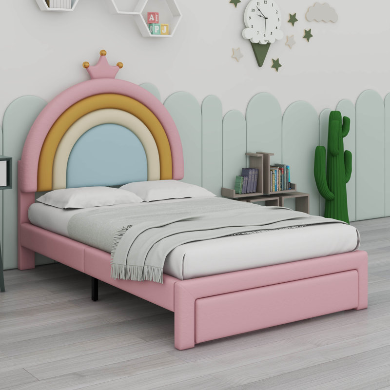 Cadre de lit tapissier avec 2 tiroirs de rangement, cadre de lit en velours princesse avec tête de lit arc-en-ciel, aucun sommier nécessaire