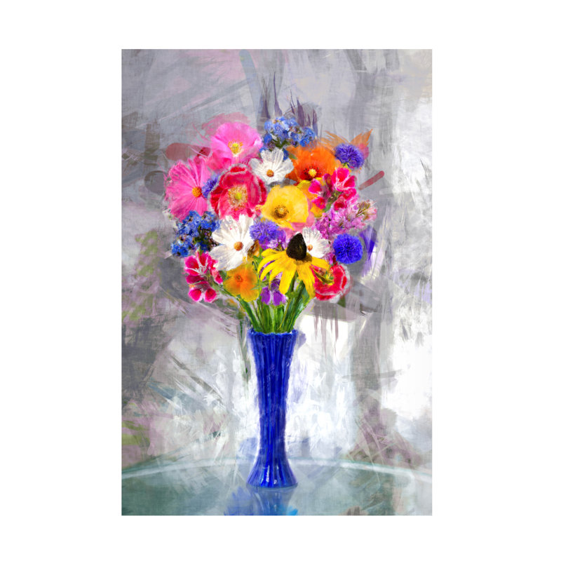 Œuvre sur toile dans un vase bleu, H 16 po x l 24 po