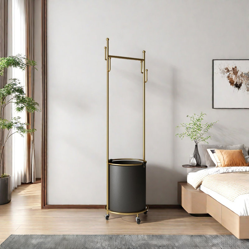 Round - Hook Coat Rack with Wheels Sturdy Frame, Black/Gold