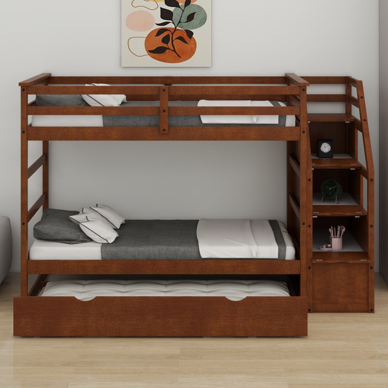 Bunk Bed With Trundle And Storage Stairs, Walnut