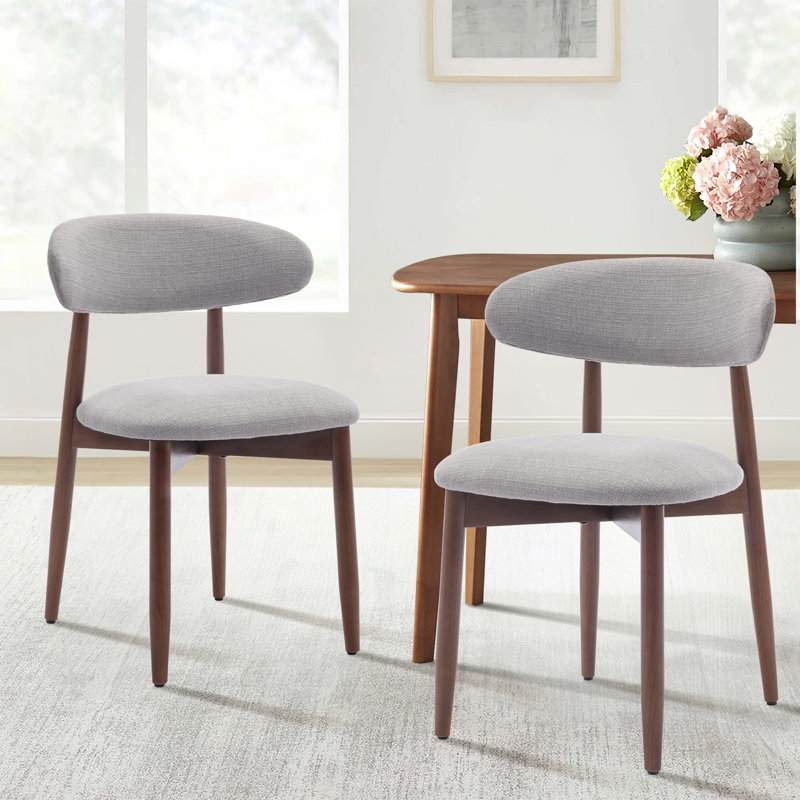  Solid Wood Upholstered Dining Chair - Ergonomic Curved Back, Comfort Fabric, Light Grey, Walnut