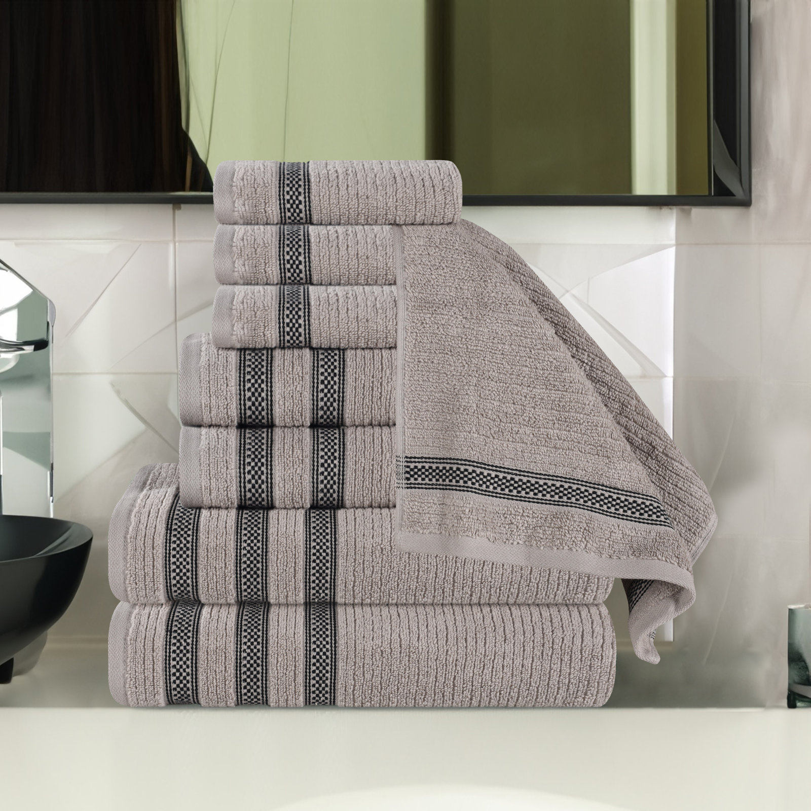 9-Piece Geometric Zero-Twist Cotton Towel Set, Gray, 8PCs set: (4 Face, 2 Hand & 2 Bath Towels)
