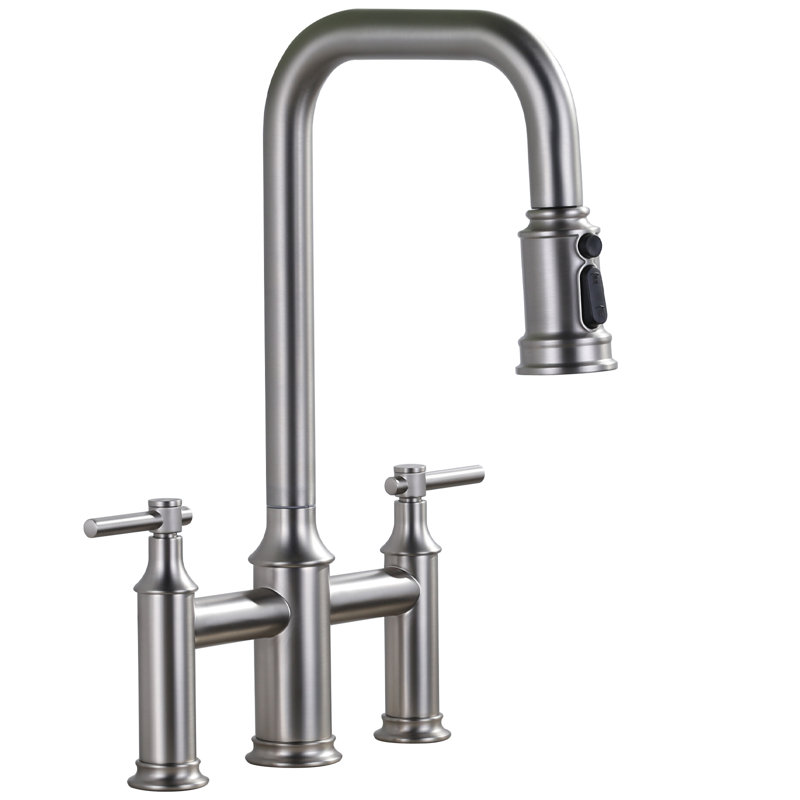 Bridge-Style Kitchen Faucet With Dual Handles And A Pull-Down Spray Head, Designed For Installation On A 3-Hole Kitchen Sink