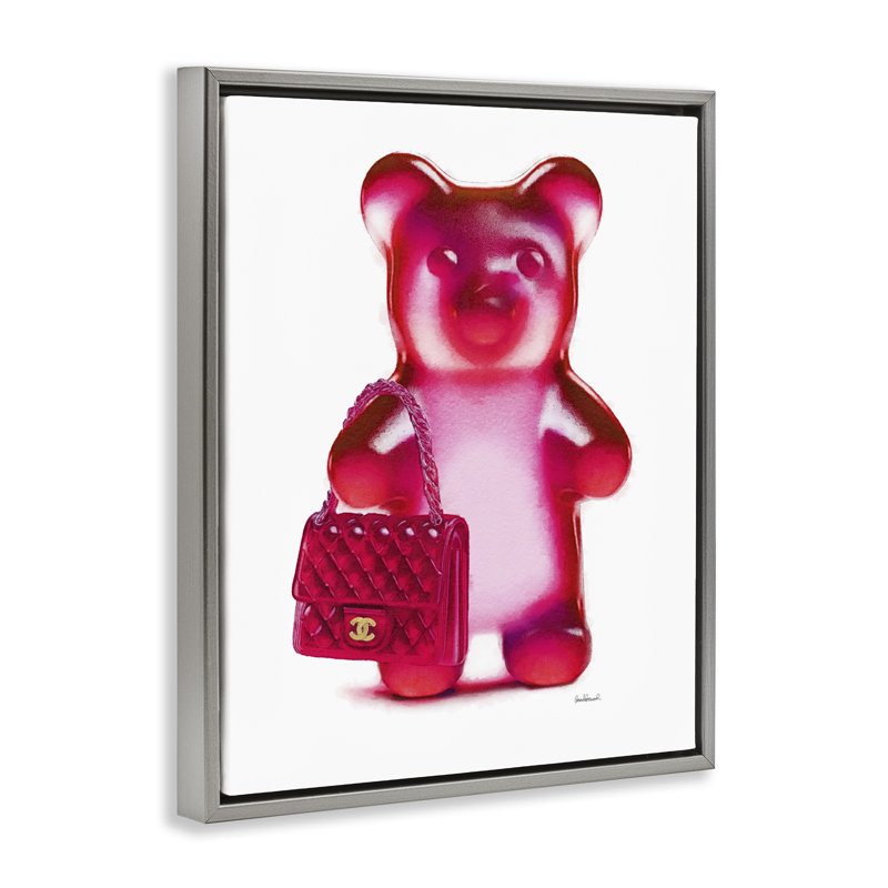 "Red Bear & Purse", art mural encadré par Amanda Greenwood, H 31 po x l 25 po, Cadre flottant gris lustré
