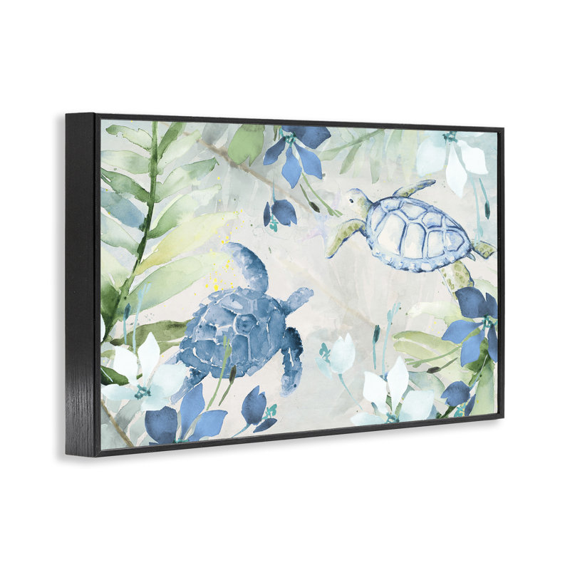Tortues parmi les fleurs, estampe numérique encadrée par Lanie Loreth, Giclée encadrée noir minuit, H 12 po x l 18 po