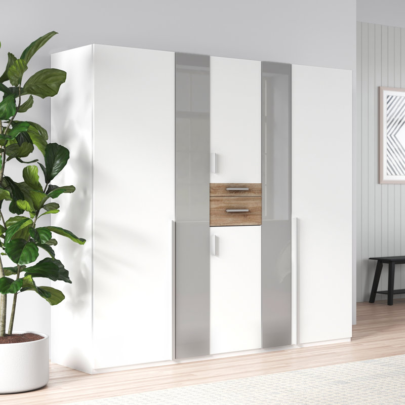 Adelaida 6 Door Manufactured Wood Wardrobe, White/Light Brown, 210cm H x 225cm W x 58cm D