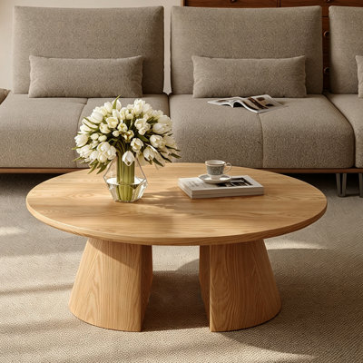 Table basse ronde de 99 cm (39 po) en bois naturel, table centrale moderne sur pied avec plateau en placage lisse pour salon