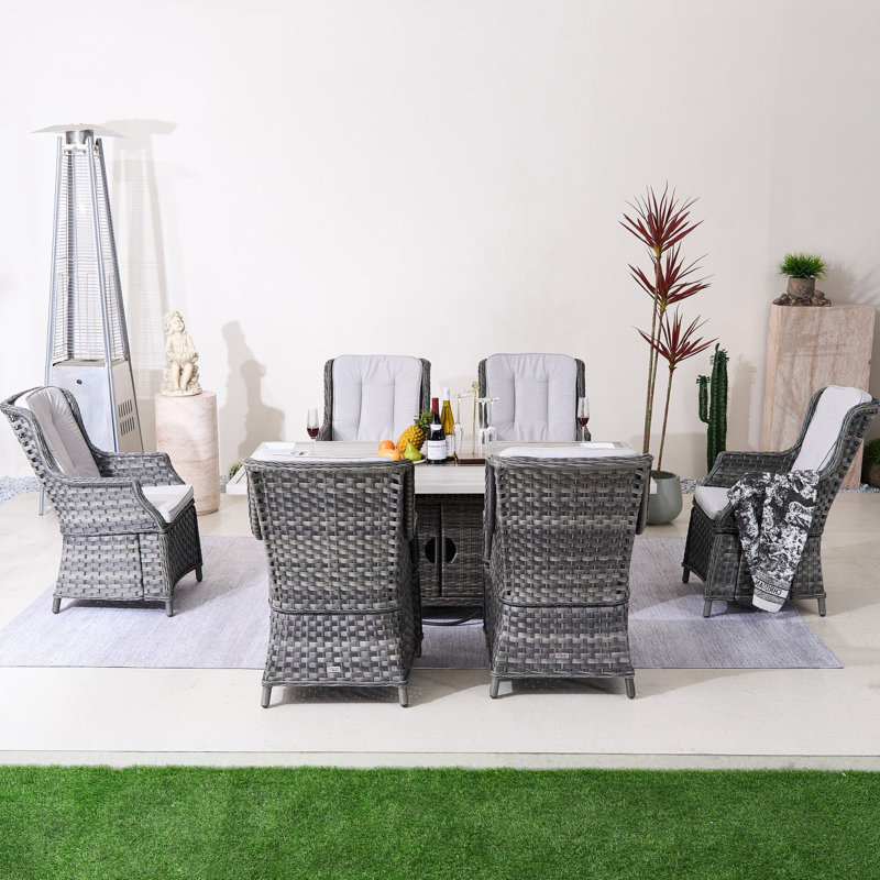 6-Person Wicker Patio Dining Set with Rectangular Table, Cushions Included
