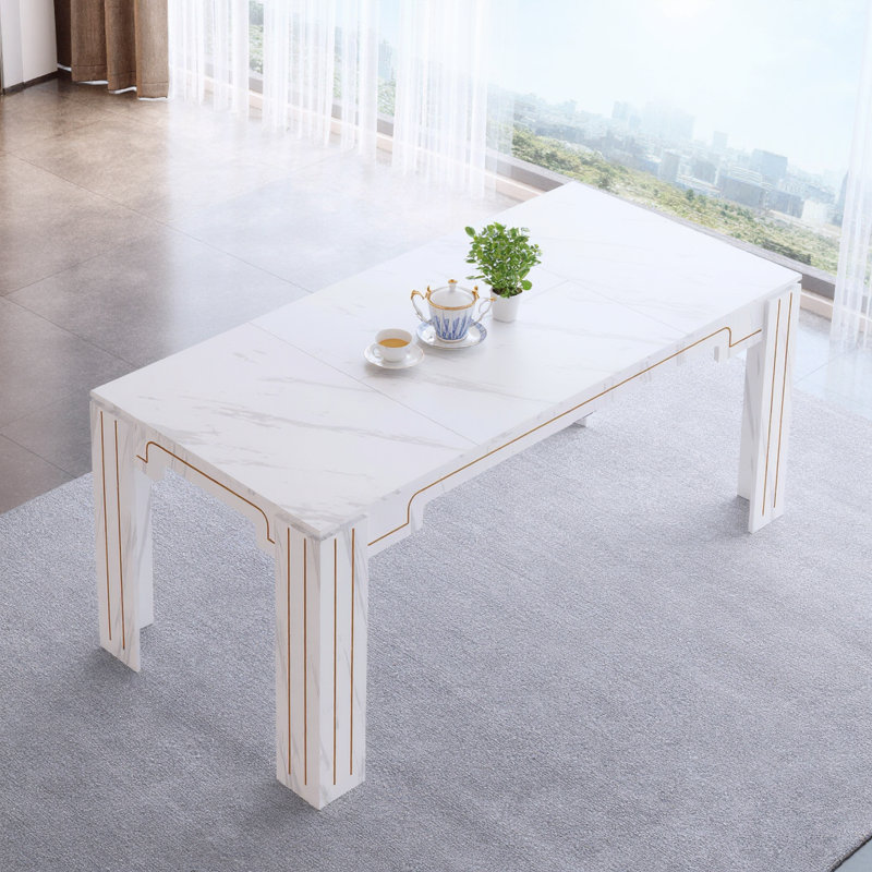 Cette table de salle à manger en MDF à grain de marbre blanc avec pieds rainurés peut accueillir de six à huit personnes pour la salle à manger et le salon
