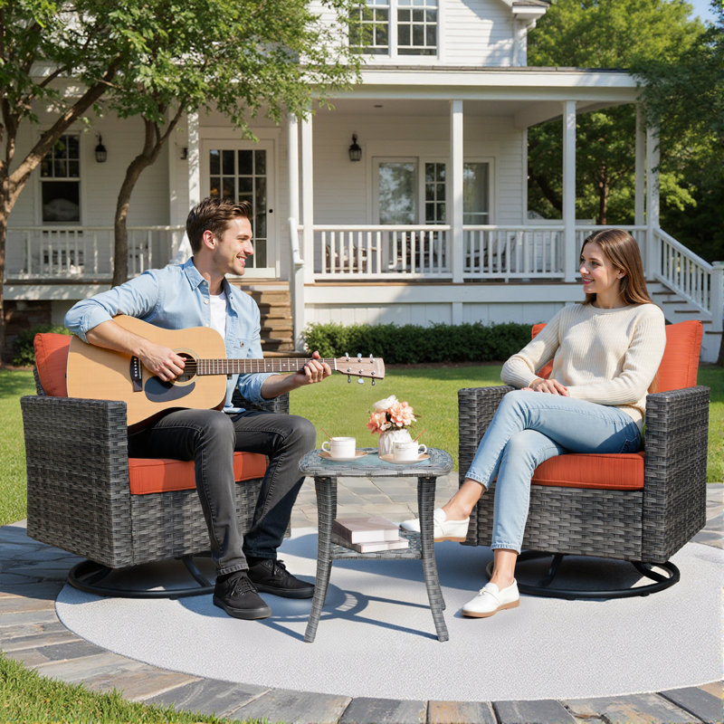 Allcot 3 Piece Outdoor Swivel Chair, Rocking Patio Set With Cushions, Orange Red