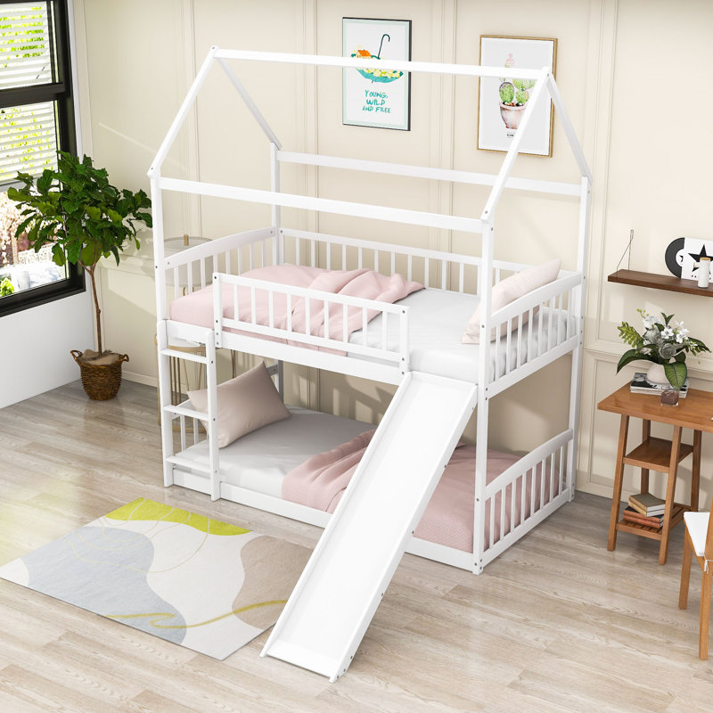 Twin Over Twin Bunk Bed with Slide and Roof,Ladder