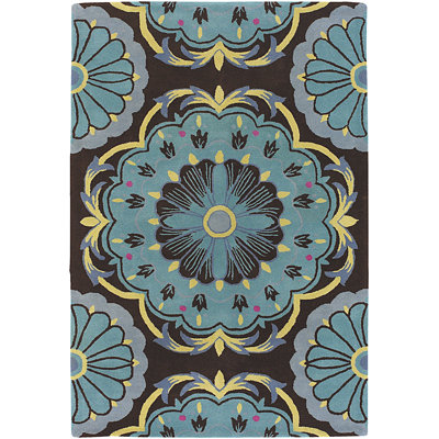 Tapis Fayetteville authentique tufté à la main en laine à motif floral médaillon marron, bleu, jaune et rose