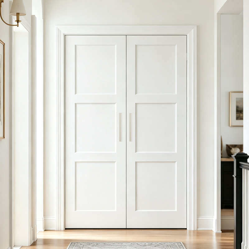 Porte de garde-manger double à porte française avec quincaillerie de poignée, ensemble de dalle de porte moulée à 3 panneaux creux blanc