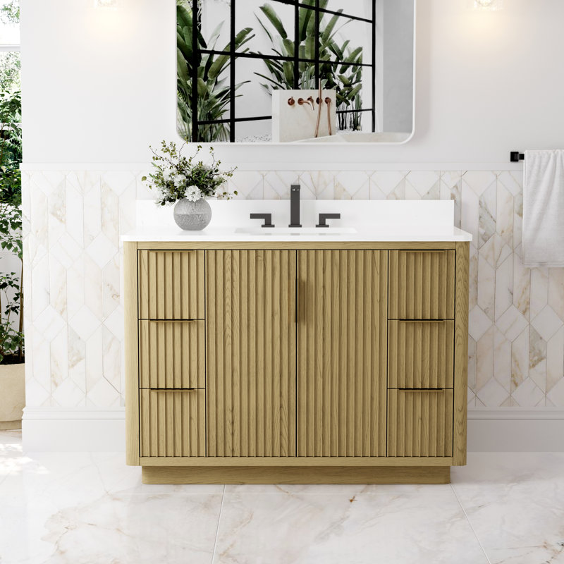 Meuble-lavabo en bois massif l 48 po x H 35 po avec comptoir en quartz blanc résistant aux taches et lavabo