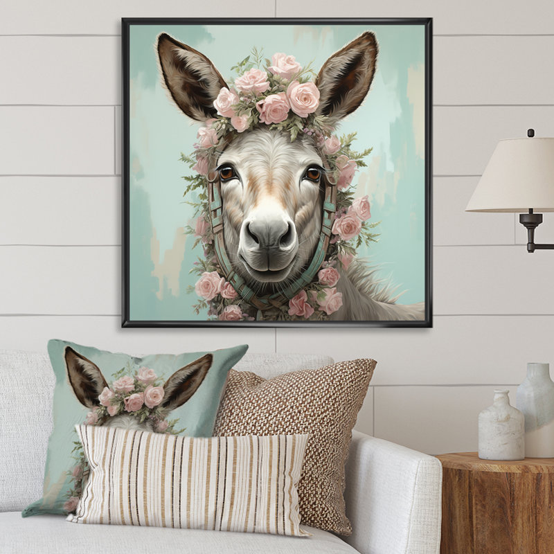 Adorable portrait floral d'âne - art mural d'âne, H 36 po x l 36 po x P 1,5 po, Cadre flottant noir