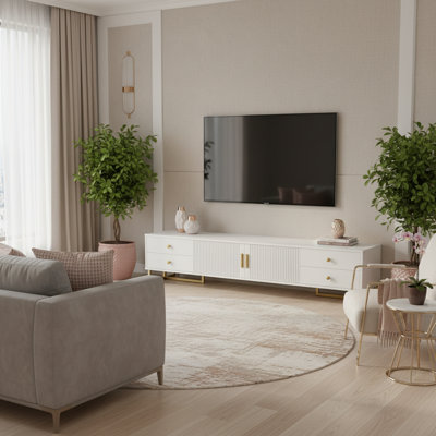 Modern TV Stand with 4 Drawers, Cabinet Storage, Cable Management, and Wave Groove Design – Fits TVs up to 65"