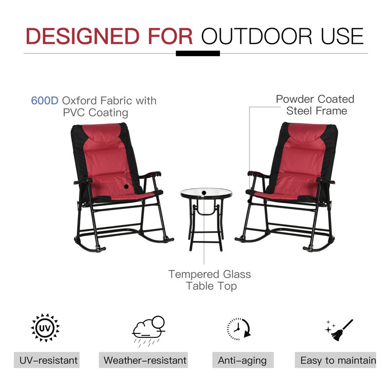 Gaskins 3pc Folding Outdoor Rocking Chair and Table Set Camping Lounger Yard, Red